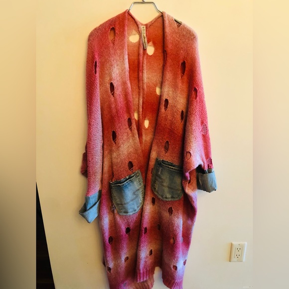 Ellemairco Reworked Distressed Duster Cardigan jacket with Denim Jean O/S - Picture 1 of 10